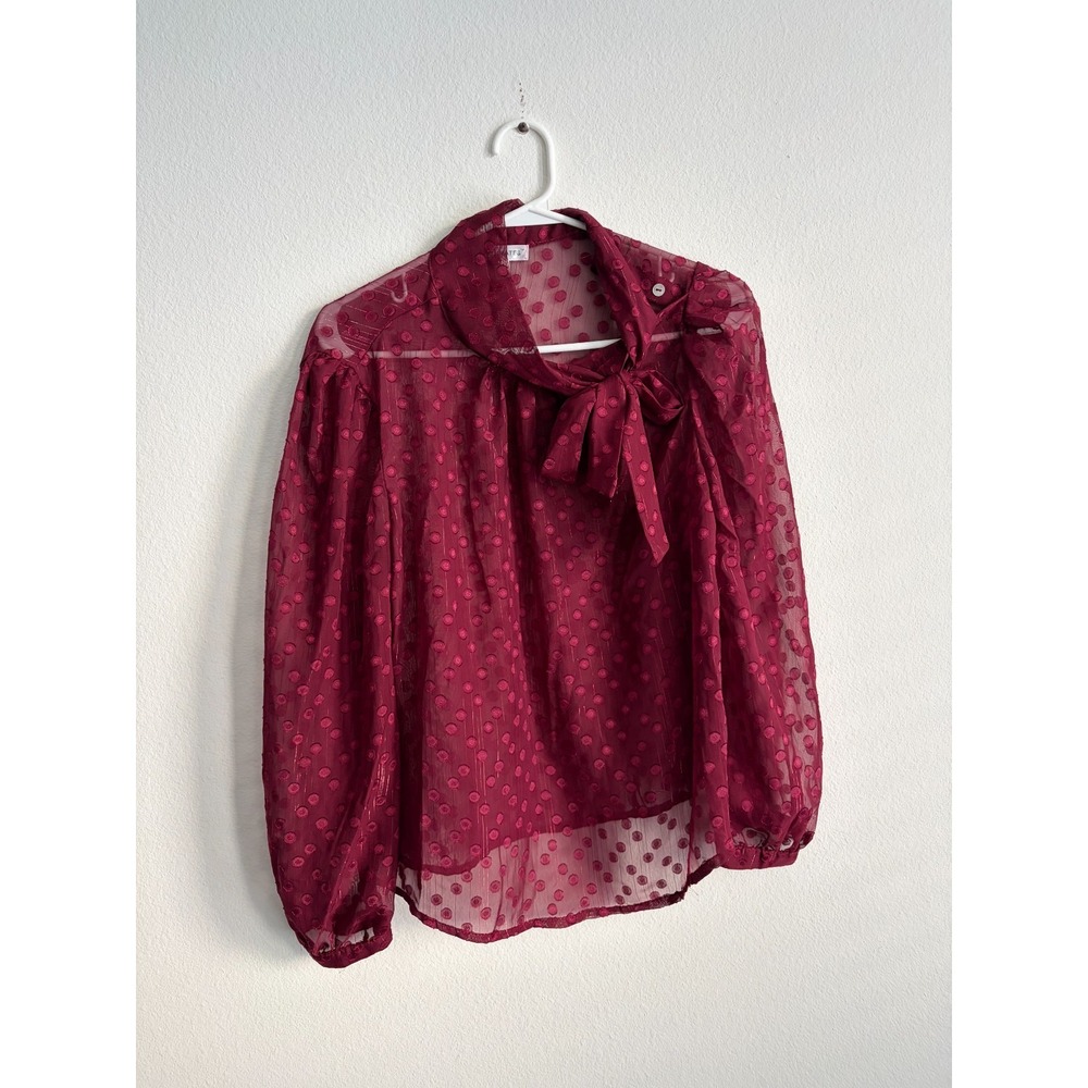 Roommates Blouse Womens Medium Wine Red Sheer Swiss Dot Tie Neck Romantic Chic